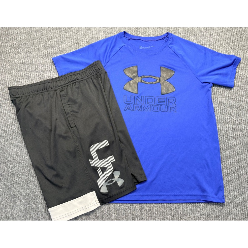 Under Armour Boys Blue Shirt Black Shorts Set Youth Large YL HeatGear 2 Piece